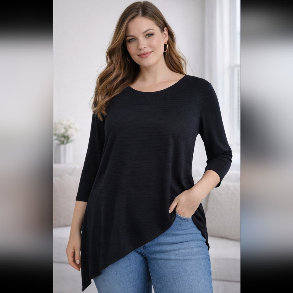 EASYWEAR BY CHICOS Women 1/M Asymmetrical Hem Ribbing 3/4 Sleeve Solid Black Top